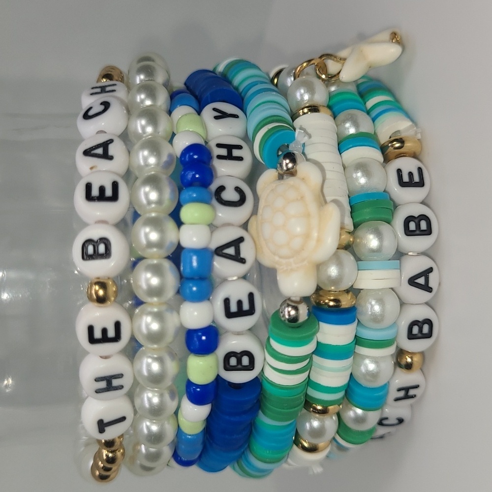 8 Beachy Beaded Bracelets Set Stackable Boho Friendship Charm Stacked Heishi NEW
